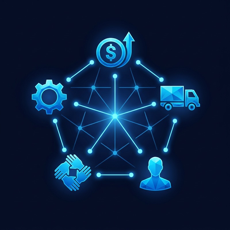 Abstract icon of five interconnected glowing nodes representing SAP Joule AI agent use cases across finance, supply chain, and HR