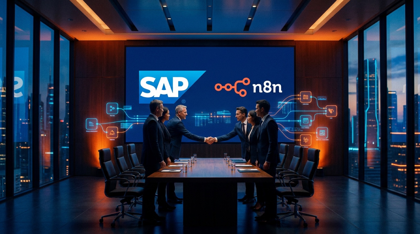 SAP and n8n executives in a boardroom at SAP Sapphire 2026, with the SAP blue and n8n orange logos displayed on a large screen, announcing their strategic investment partnership