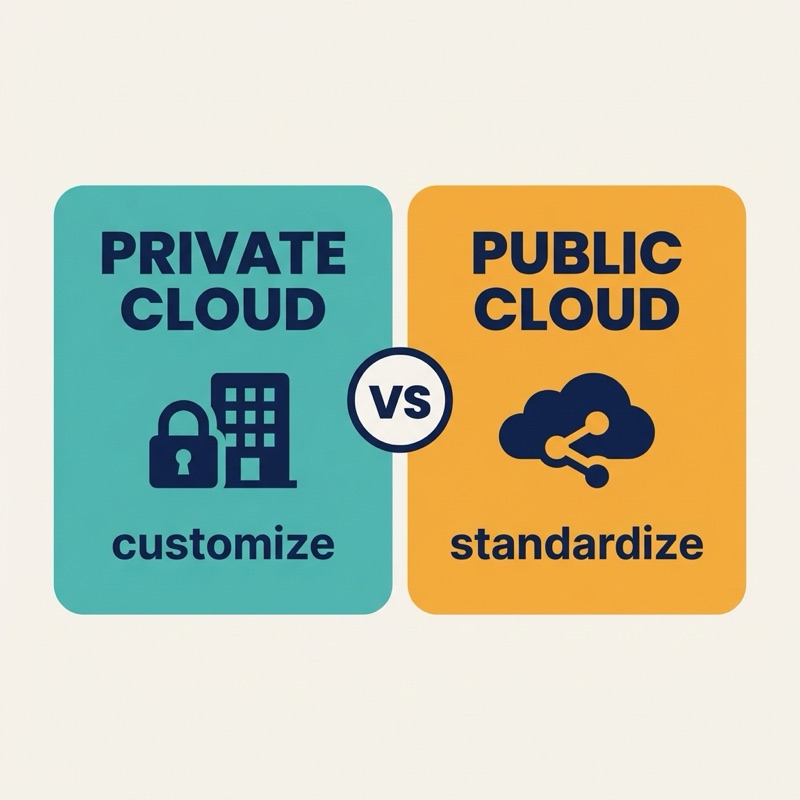 Comparison infographic of SAP private cloud (RISE) versus public cloud (GROW) across tenancy, migration, customization and consultant skills