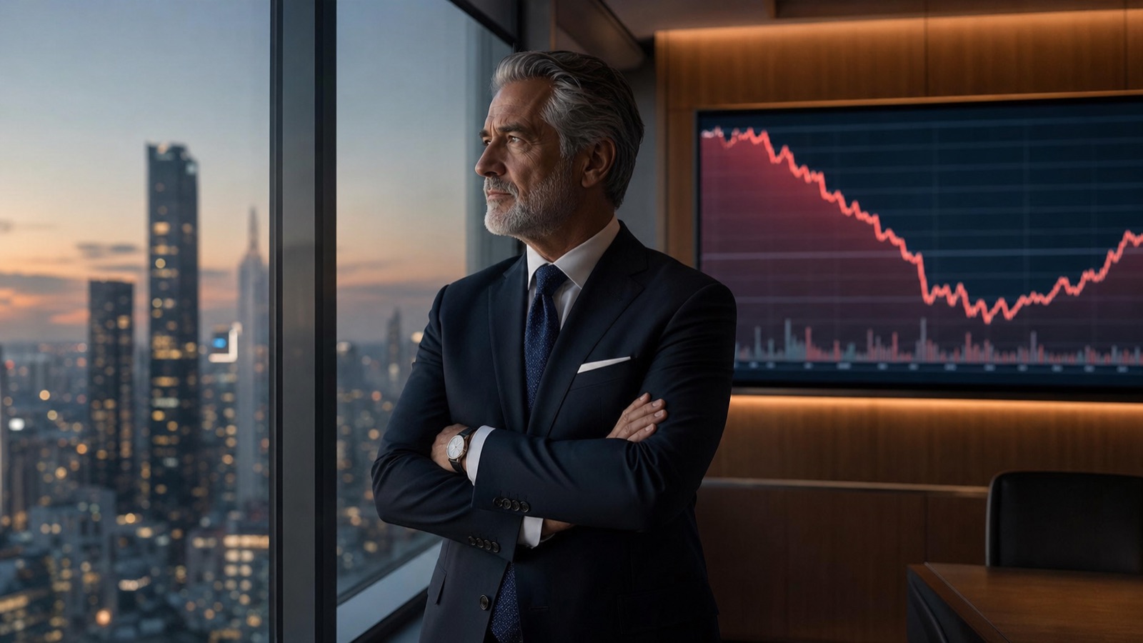Senior executive analyzing SAP stock decline chart from a glass-walled office overlooking a city, reflecting on enterprise ERP market signals