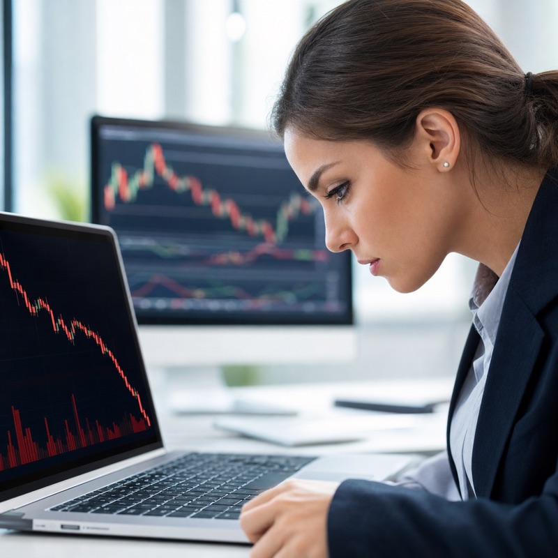 Business analyst studying a declining SAP stock chart on a laptop screen in a corporate office