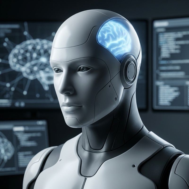 Close-up of a humanoid robot's head with a softly glowing brain area and neural-network screens behind it
