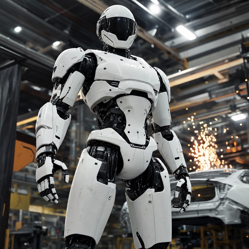 White bipedal humanoid robot standing on an automotive factory floor with welding sparks in the background