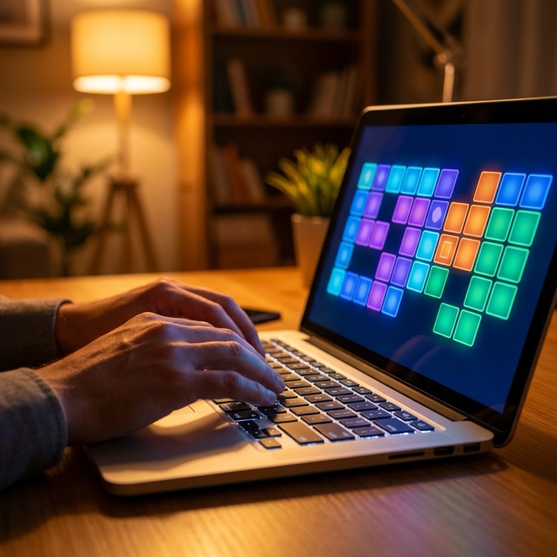 Hands typing on a laptop as a colorful app interface assembles on screen, illustrating vibe coding your own apps with AI