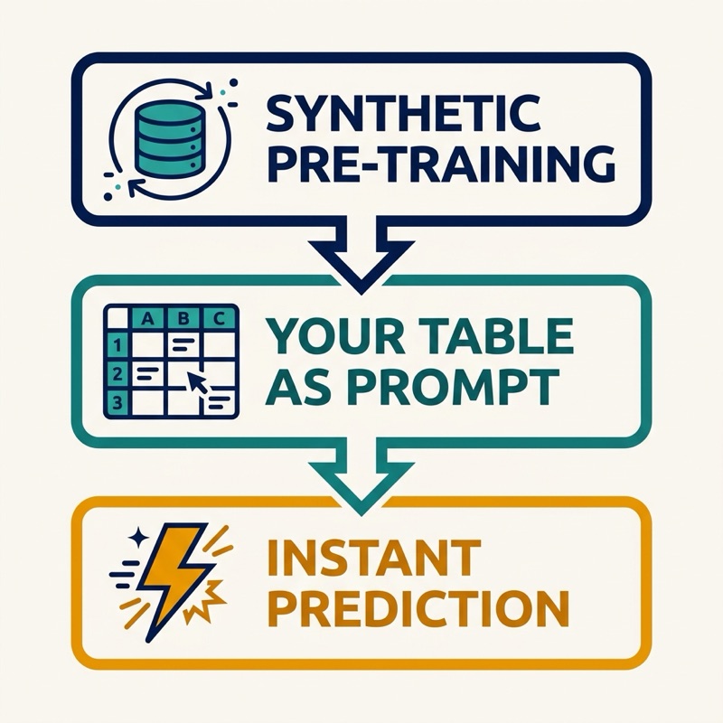Infographic showing the three steps of a tabular foundation model: pre-trained on synthetic data, your table as the prompt, one forward pass to prediction