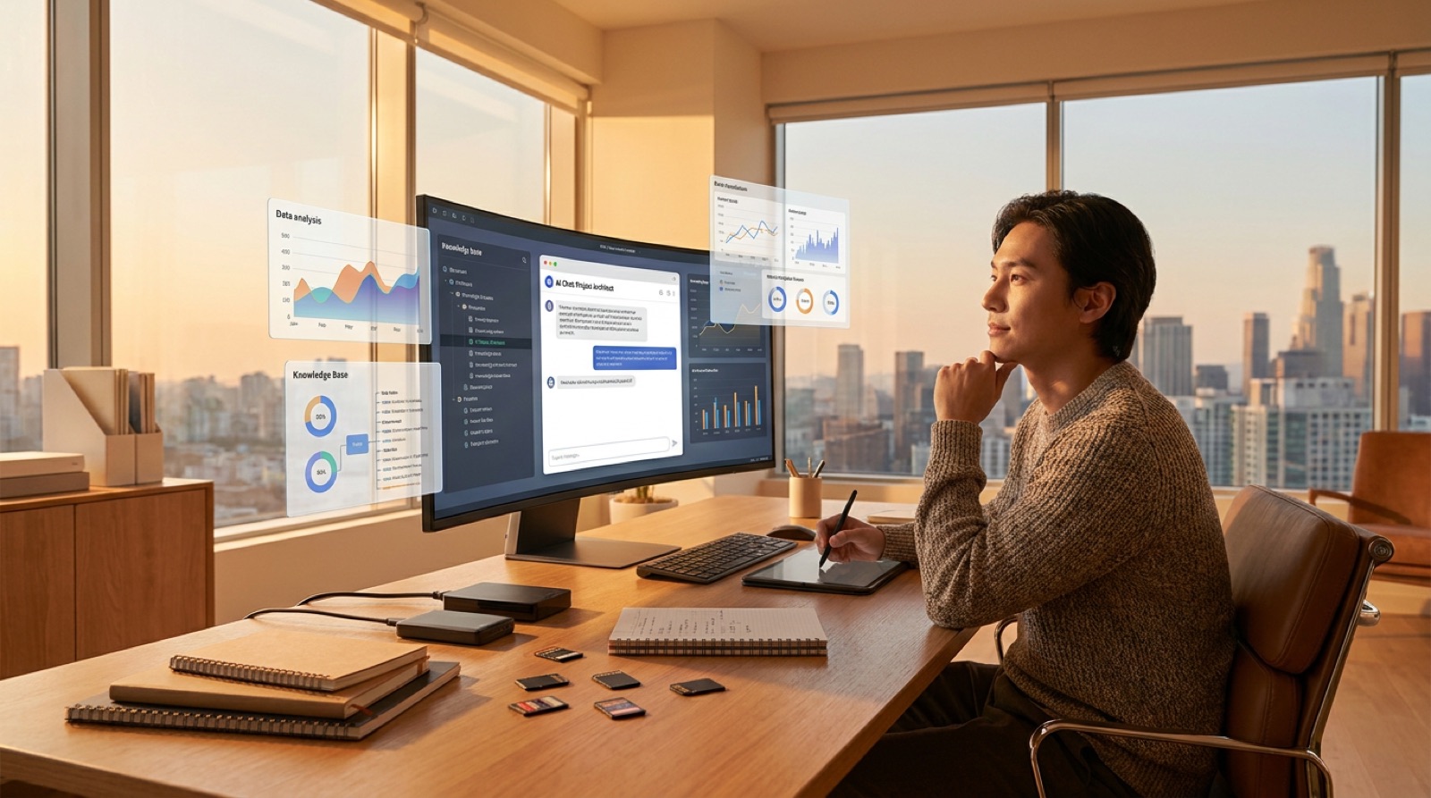 A knowledge worker at a modern desk orchestrating an information environment of documents, data files, and a knowledge base feeding into an AI chat window on multiple screens