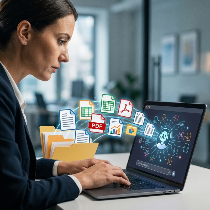 A professional at a laptop with documents and data files flowing into an AI chat window, symbolizing context engineering replacing single typed prompts