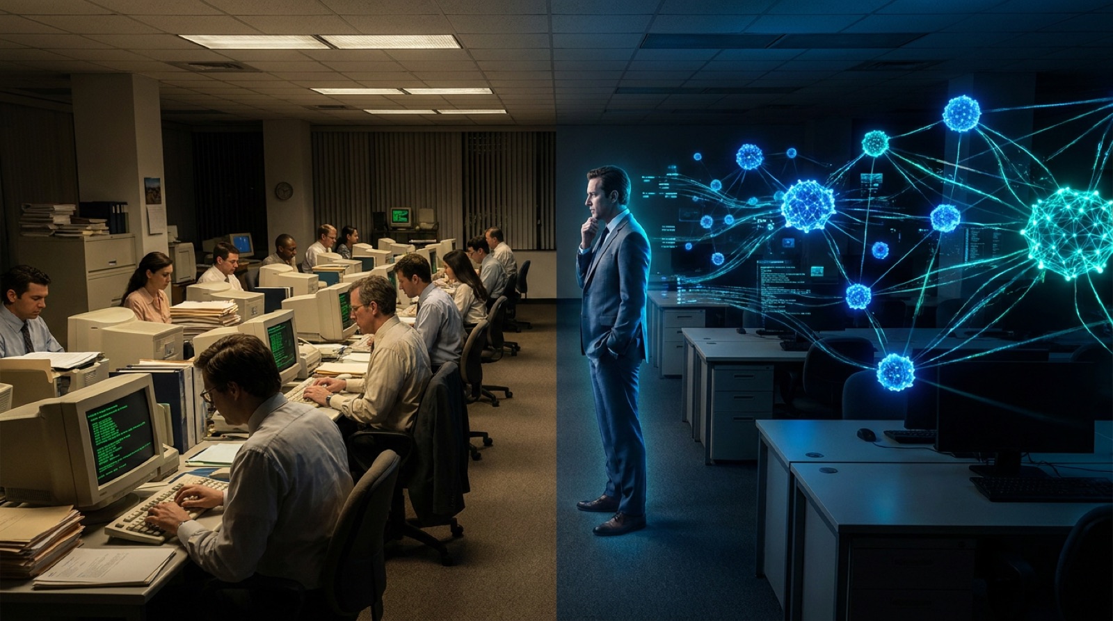 Split-scene visualization of enterprise digital transformation: on the left, workers entering data into legacy ERP systems; on the right, the same office transformed with glowing AI neural network nodes operating autonomously, with a single executive standing between both worlds