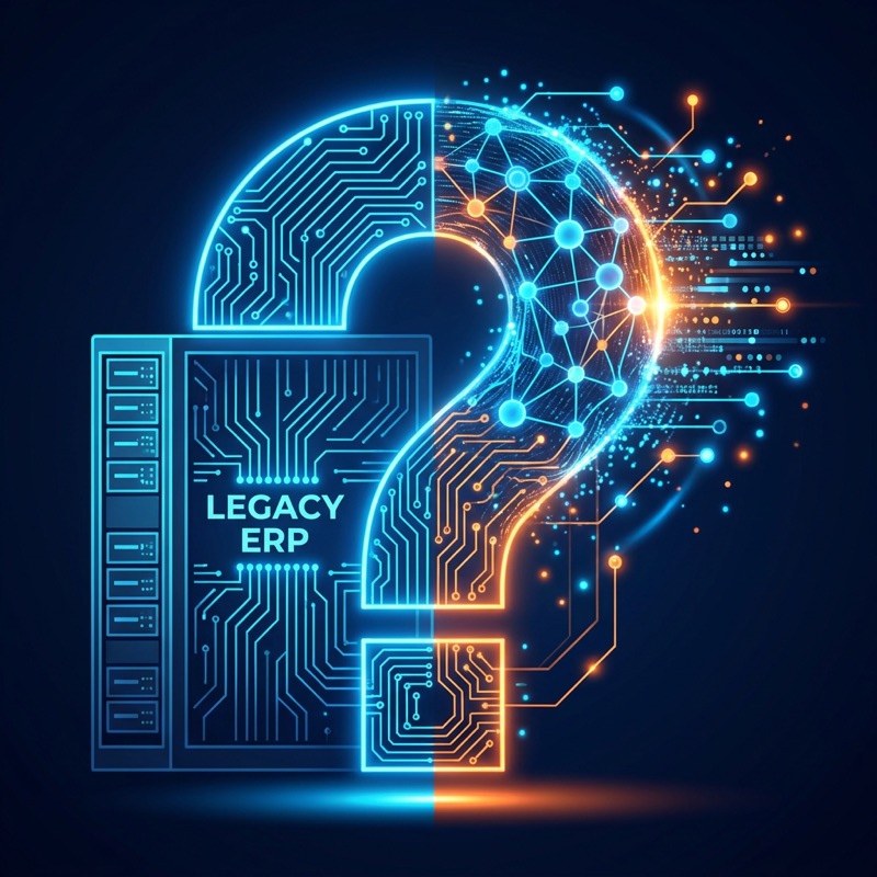 Abstract hourglass split between legacy ERP circuit boards and glowing AI neural network nodes, representing the transformation of enterprise software