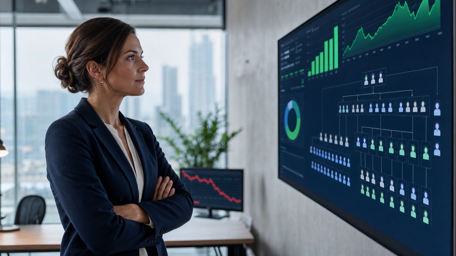 HR operations manager reviewing an AI recruiting dashboard with strong upward growth metrics, while a declining stock chart shows in the background