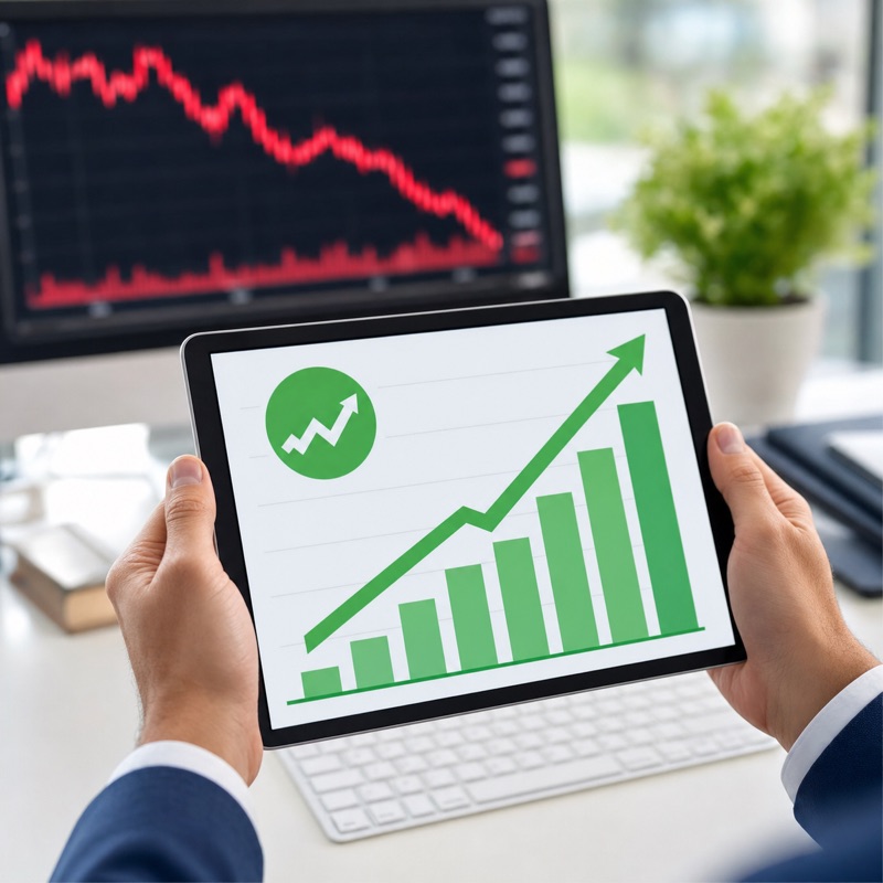 Hand holding a tablet showing a strong upward growth chart while a red declining stock chart shows on a monitor in the background